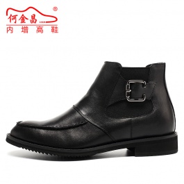 【何金昌】潮流时尚男士内增高短靴皮靴6CM舒适增高男靴子[绒里]黑色