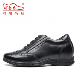 【何金昌】新款布洛克雕花男鞋夏季品牌内增高休闲鞋6厘米黑色